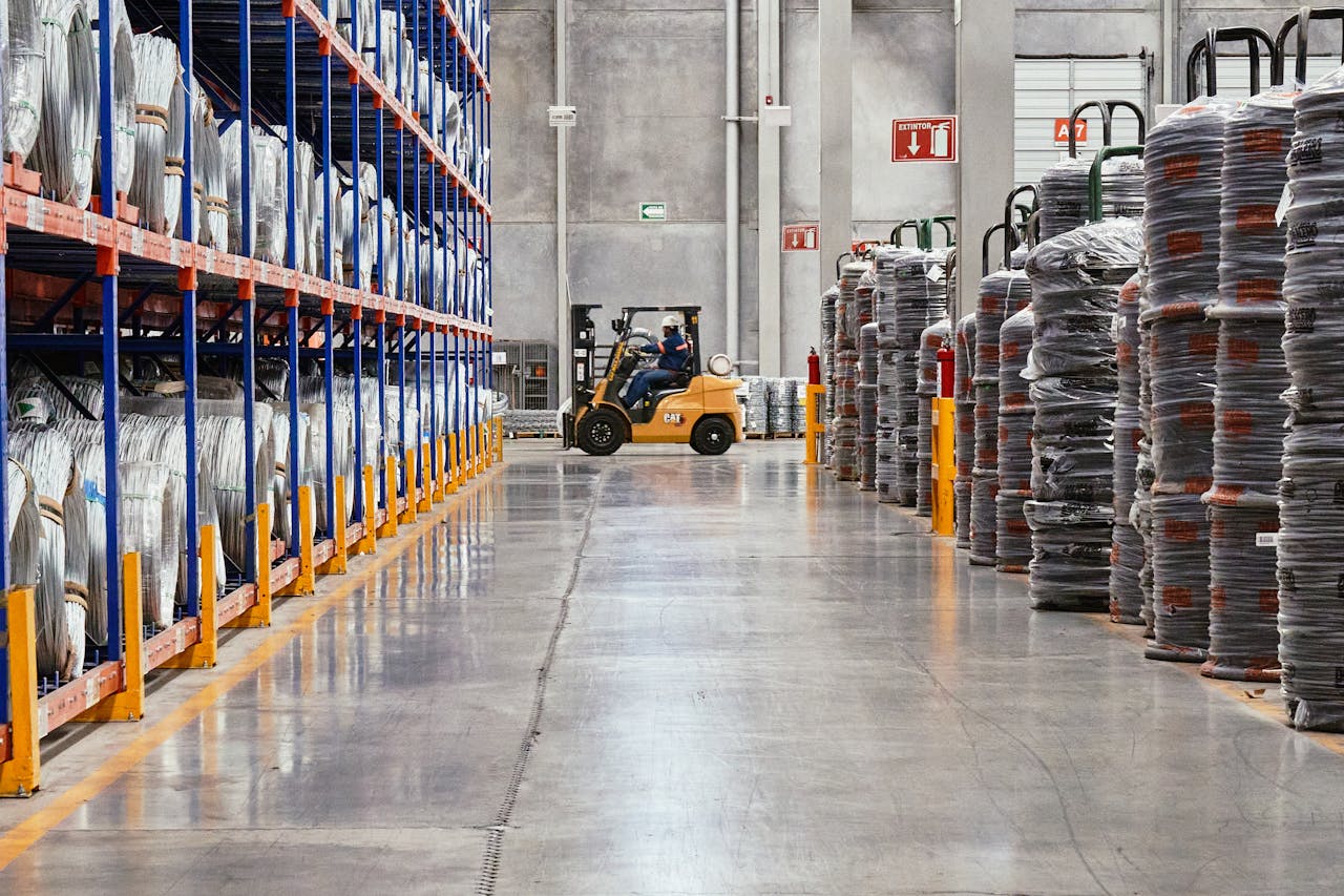 A forklift operates in an industrial warehouse with stacked goods. Efficient distribution setting.